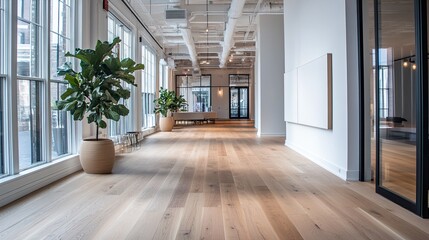 The natural beauty of hardwood flooring in a commercial building, adding warmth and elegance to the sleek, open space.