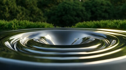 An intricate mercury fountain with liquid metal flowing in complex patterns set in a futuristic garden with soft ambient lighting lush greenery in the background
