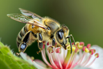 Fototapeta premium A bee is on a flower, with its wings spread out