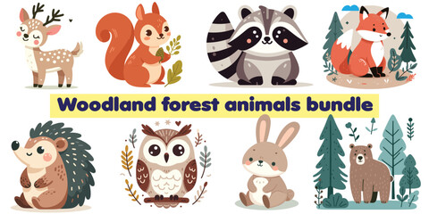 Cute Woodland Forest Animals Vector Illustration Bundle Featuring Deer, Squirrel, Raccoon, Fox, Hedgehog, Owl, Rabbit, and Bear in a Whimsical Nature Background. Cute little woodland wild animals.