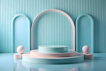 green and white cylinder pedestal podium with arch shape backdrop. abstract pastel green color. 3d rendering
