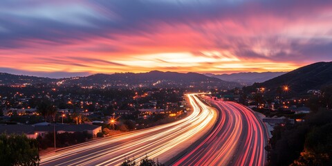 Fototapeta premium Long exposure of a deserted desert road, light trails curvy highway between mountains