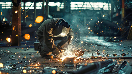 A skilled welder intensely focuses on his task, surrounded by a shower of sparks in a dimly lit factory, showcasing the essence of craftsmanship
