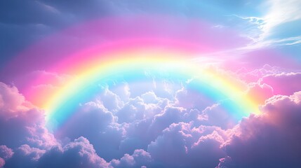 The surreal sight of a neon rainbow glowing amidst a sky of gentle clouds, blending the natural with the fantastical.