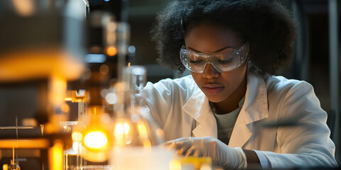 Female African American scientist in a lab coat, conducting an experiment at a lab bench