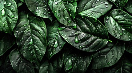 Fototapeta premium A photo of close-up leaves with droplets of water on dark green foliage background