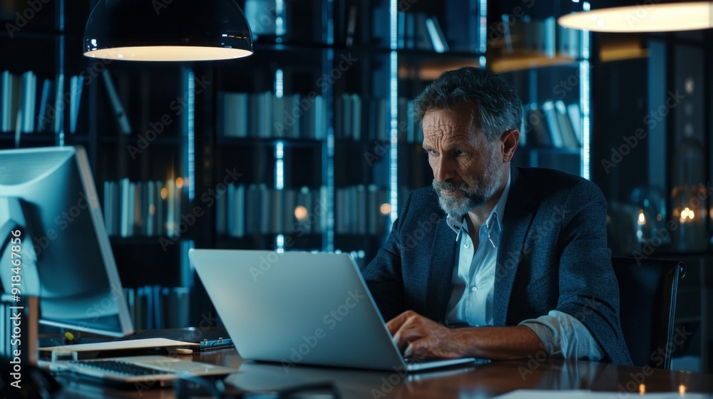 Poster a man is sitting at a desk with a laptop in front of him