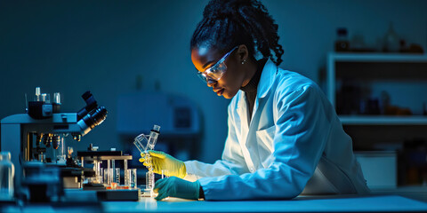 Female African American scientist in a lab coat, conducting an experiment at a lab bench