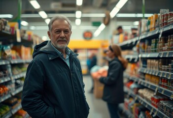 Obraz premium An elderly Caucasian man with gray hair and a beard wearing a dark jacket in a grocery store aisle