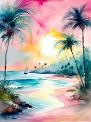 Sunset over a tropical beach with palm trees and a boat on calm waters, creating a serene and idyllic scene.  Watercolor painting © CorelZavr