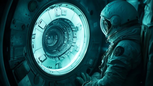 Astronaut observing vast illuminator and mysterious spaceship interior in empty galaxy