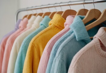 Fashion clothes on clothing rack - bright colorful closet. Closeup of rainbow color choice of trendy female wear on hangers in store closet or spring cleaning concept. Summer home wardrobe.