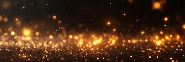 Obraz premium Golden Sparkling Bokeh Lights on Dark Elegant Background, copy space