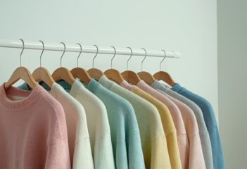 Fashion clothes on clothing rack - bright colorful closet. Closeup of rainbow color choice of trendy female wear on hangers in store closet or spring cleaning concept. Summer home wardrobe.