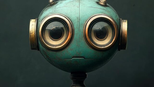 Detailed portrait of a cute robot with big round eyes and a green body. The character has a vintage bronze color on the head. The character stands upright on a dark grey background.