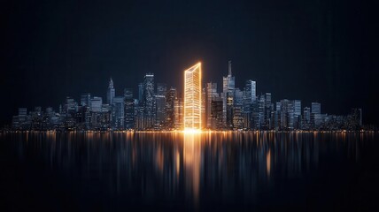 Fototapeta premium A city skyline with one building glowing brightly, symbolizing a standout innovative idea in an urban landscape, brimming with potential