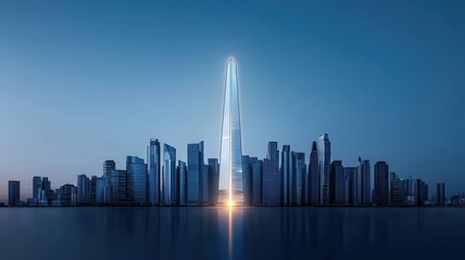 Fototapeta premium A city skyline with one building glowing brightly, symbolizing a standout innovative idea in an urban landscape, brimming with potential
