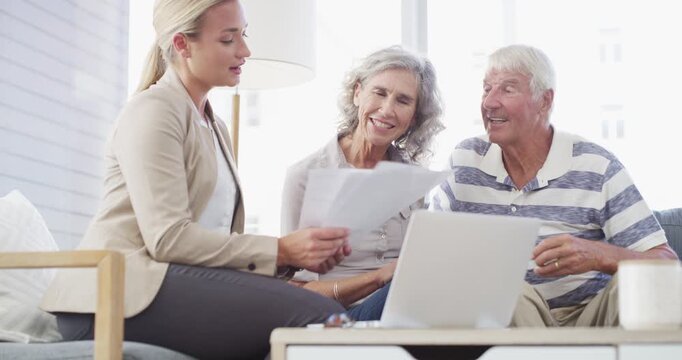 Financial advisor, senior couple and home documents, laptop or meeting for asset management, loan or investment. Business agent consulting with elderly clients for insurance benefits, advice and help