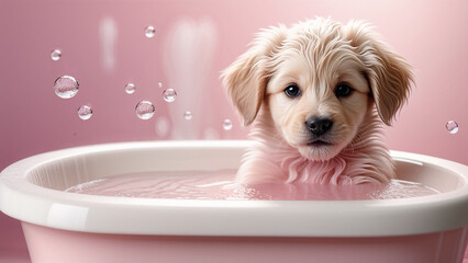 golden retriever in bath. Puppy in the bathtub. Rose design.