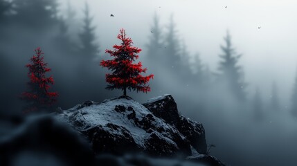  A red tree on a rocky outcropping in the midst of a foggy forest - Powered by Adobe