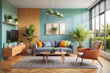 Interior of the living room in a box. 3D illustration
