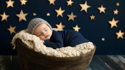 Peaceful Newborn Sleeping in Wooden Basket with Starry Background