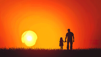 Fototapeta premium Silhouette of a Father and Daughter Walking into the Sunset