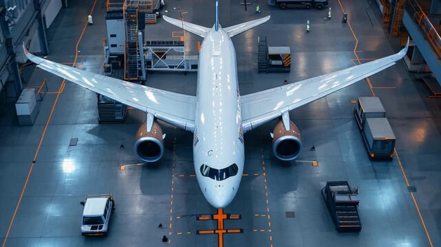 Dramatic drone photo of commercial airplane in the modern airport hangar, high side angle view