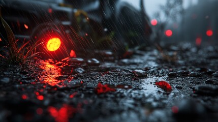 A red light glows intimately on a slick road, reflecting in puddles Car and rain-soaked background, raindrops cascade down