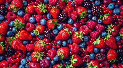 Fototapeta premium A lot of berries, including red, white, and blue, are stacked high on top of each other