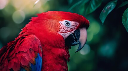 A red parrot, in tight focus, perches on a tree branch against a softly blurred backdrop of green leaves and a tree