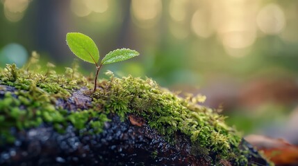  A small green plant emerges from a moss-covered log in a forest, bathed in sunlight filtering through the tree canopy