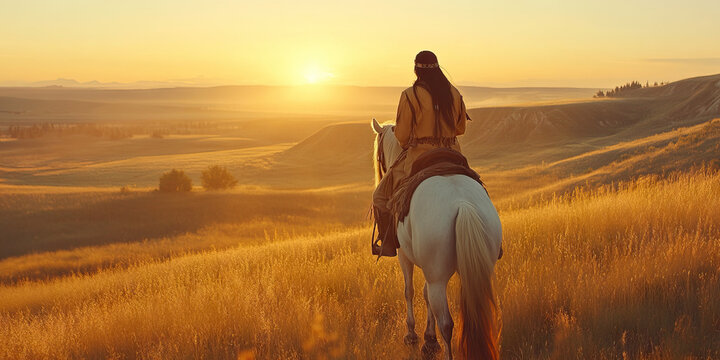 Native American man riding a horse against the backdrop of a vast, open landscape