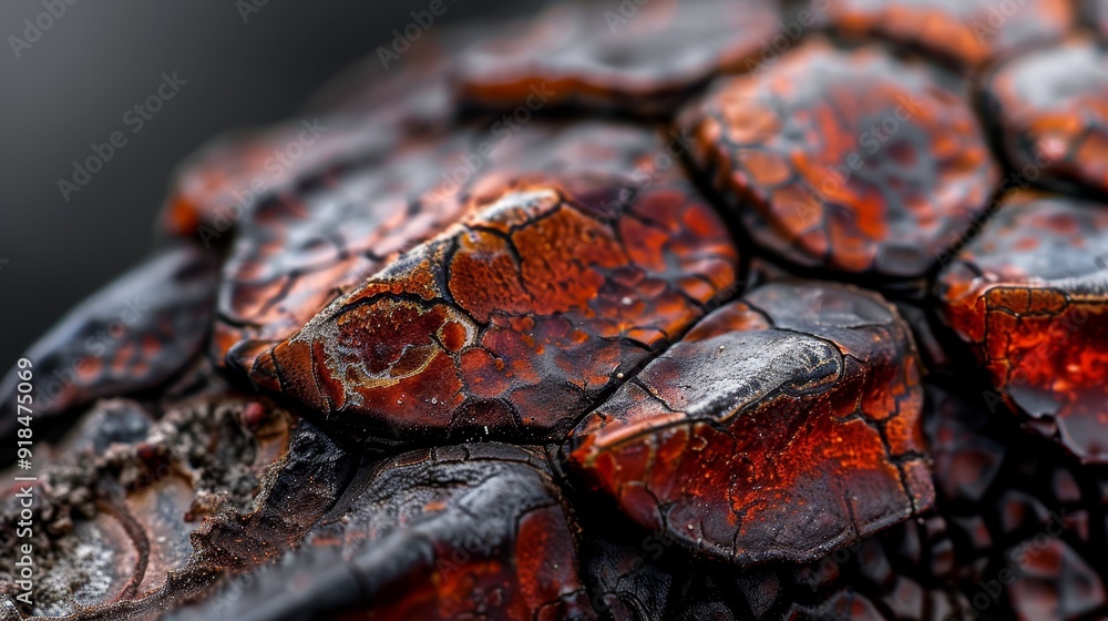 Sticker  A tight shot of a red and black alligator's textured skin, speckled with water droplets