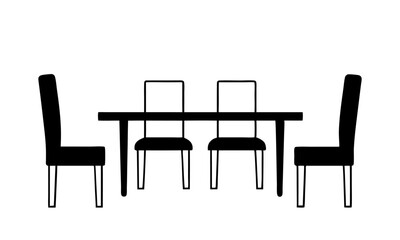 Classic dining table with four matching chairs silhouette isolated on white background