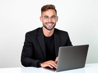 Smiling young man in black suit works on laptop at desk