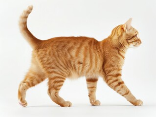 Orange cat walks gracefully indoors in soft light