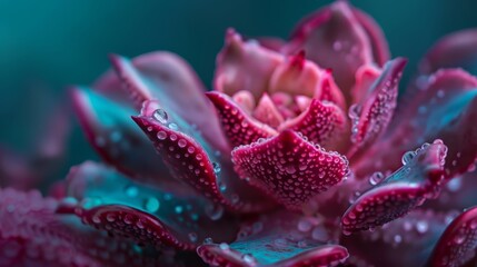  A close-up of a pink flower with dew drops on its petals and the center gleaming wet