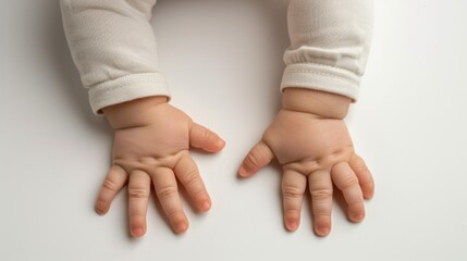 Close up of a baby's hands crawling on a white surface