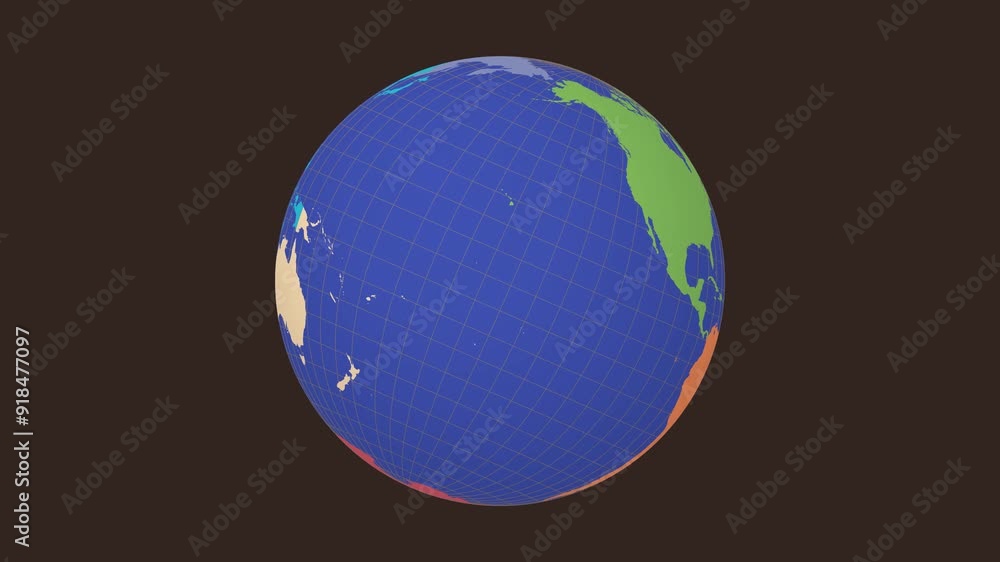 Poster rotating planet. tilted sphere view. slow speed planet rotation. colored continents style. world map