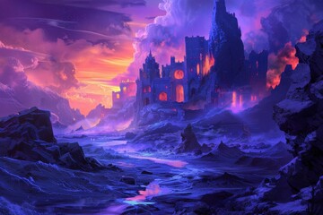 Mystical castle ruins in a vibrant dreamscape with a tranquil river flowing through.