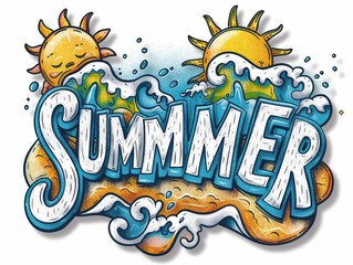 Fototapeta premium Colorful beach-themed wordmark for summer with sun and waves