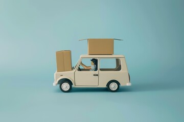 Delivery driver operating a boxed car in a studio setting