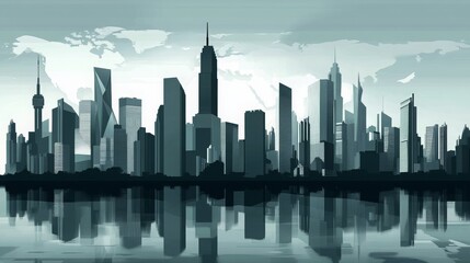 Fototapeta premium Silhouette of a modern city skyline with a world map in the background.