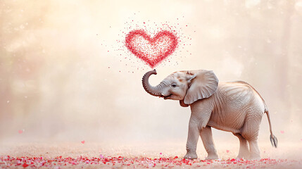 A baby elephant standing in a field of red flowers with a heart in the air. Concept of love and happiness. © eaglesky