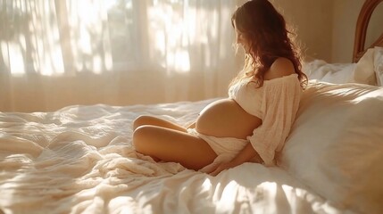 pregnant belly, girl on white bed