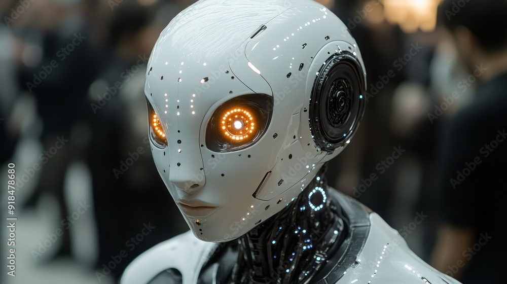 Poster A robot with glowing eyes stands in front of a crowd of people