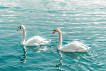 Obraz premium Two white swans swimming in the lake