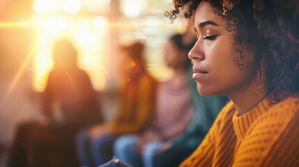 Support groups concept. Depressed black skin woman sitting at rehab group therapy. A person participating in a support group for managing anxiety or depression.
