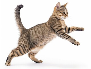 Cat in dynamic action pose on a white background